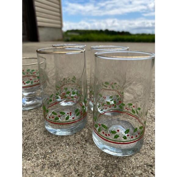 Libbey Clear Glassware Set with Red and Green Holly Design - Picture 3 of 5